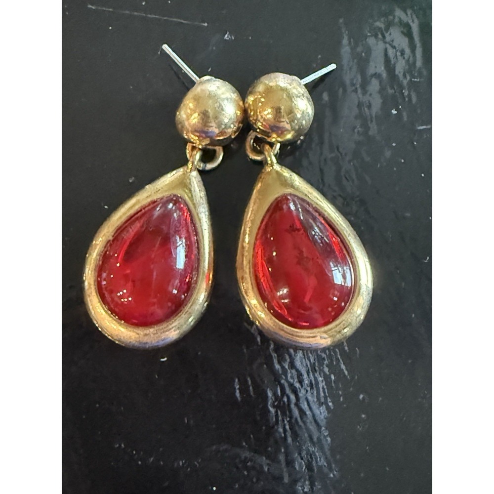 Vintage Napier GoldTone Ruby Red Crystals Dangle 1.25" Earrings Signed Holiday